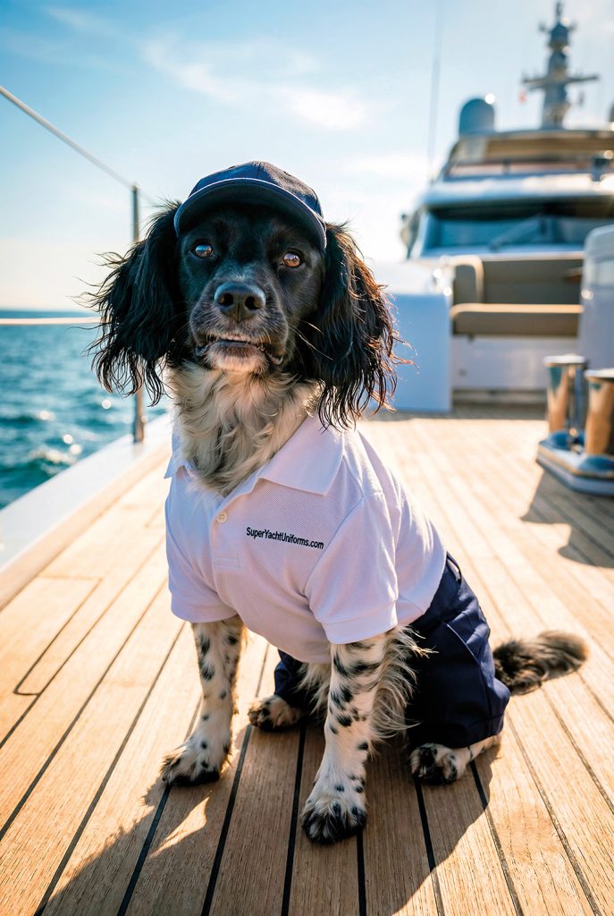 image of springer spaniel on the deck of a yacht wearing a superyachtuniforms.com branded polo shirt and shorts